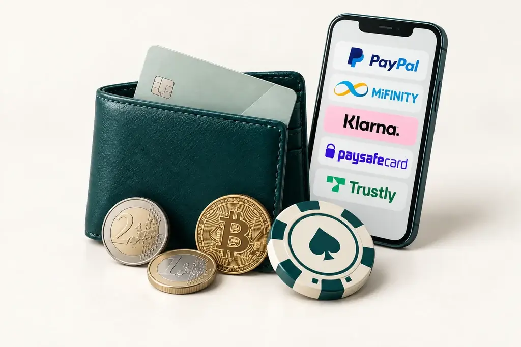 Illustration mit Geldbörse, Euro- und Bitcoin-Münzen, Casino-Chip und Smartphone mit Zahlungsdienst-Logos.